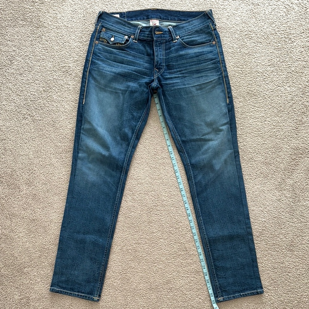 Men’s True Religion Ricky Blue Slim Fit Jeans with Gold Stitching